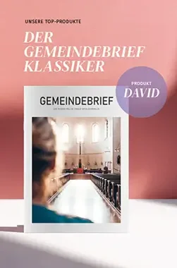 Titelseite des Gemeindebriefs im Format David mit Kirchenraum-Foto, Beschriftung „Der Gemeindebrief Klassiker".