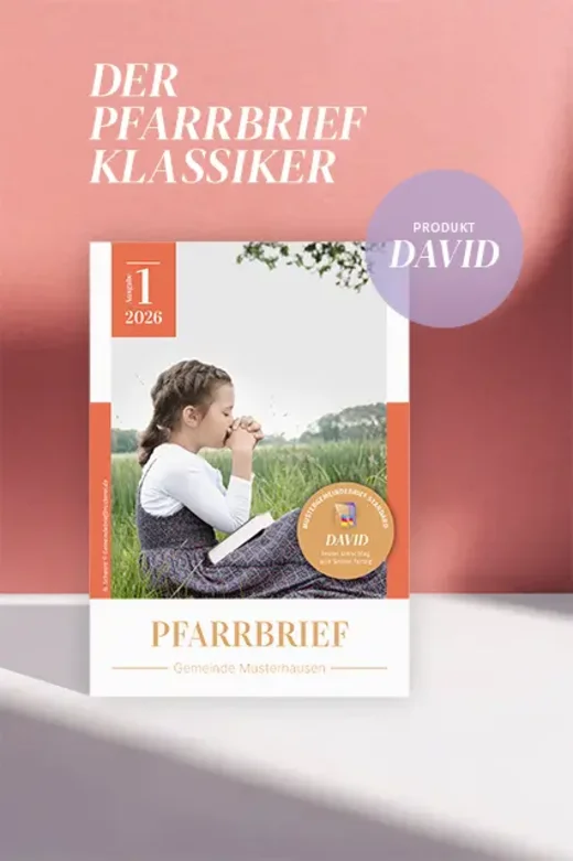 Pfarrbrief Klassiker, Produkt David: Titelseite mit einem betenden Mädchen auf einer Wiese.
