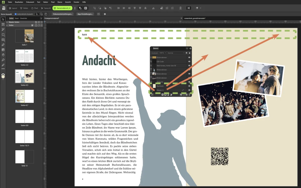 Affinity-Layout mit Ebenenpanel: Pfeile verbinden die Ebene „Master A“ ganz unten mit den Masterseiten-Elementen im Seitenkopf.