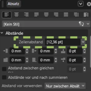 Affinity, Bedienfeld Absatz: Feld Zeilenabstand mit dem Wert 12,36 pt ist grün umrandet.