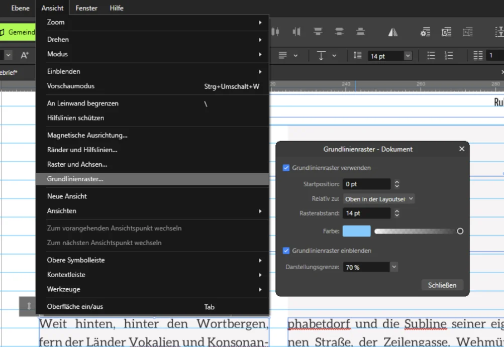Affinity: Menü Ansicht mit Eintrag Grundlinienraster und Dialog mit Rasterabstand 14 pt.