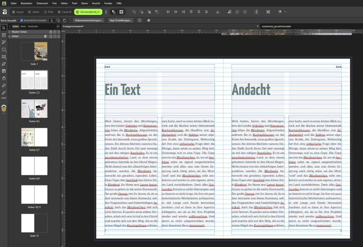Affinity: Gemeindebrief-Doppelseite mit eingeblendetem Grundlinienraster hinter zwei Textspalten.