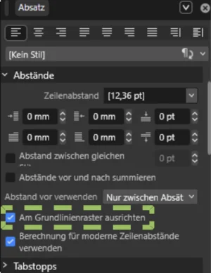 Affinity, Bedienfeld Absatz: Option Am Grundlinienraster ausrichten ist grün umrandet.